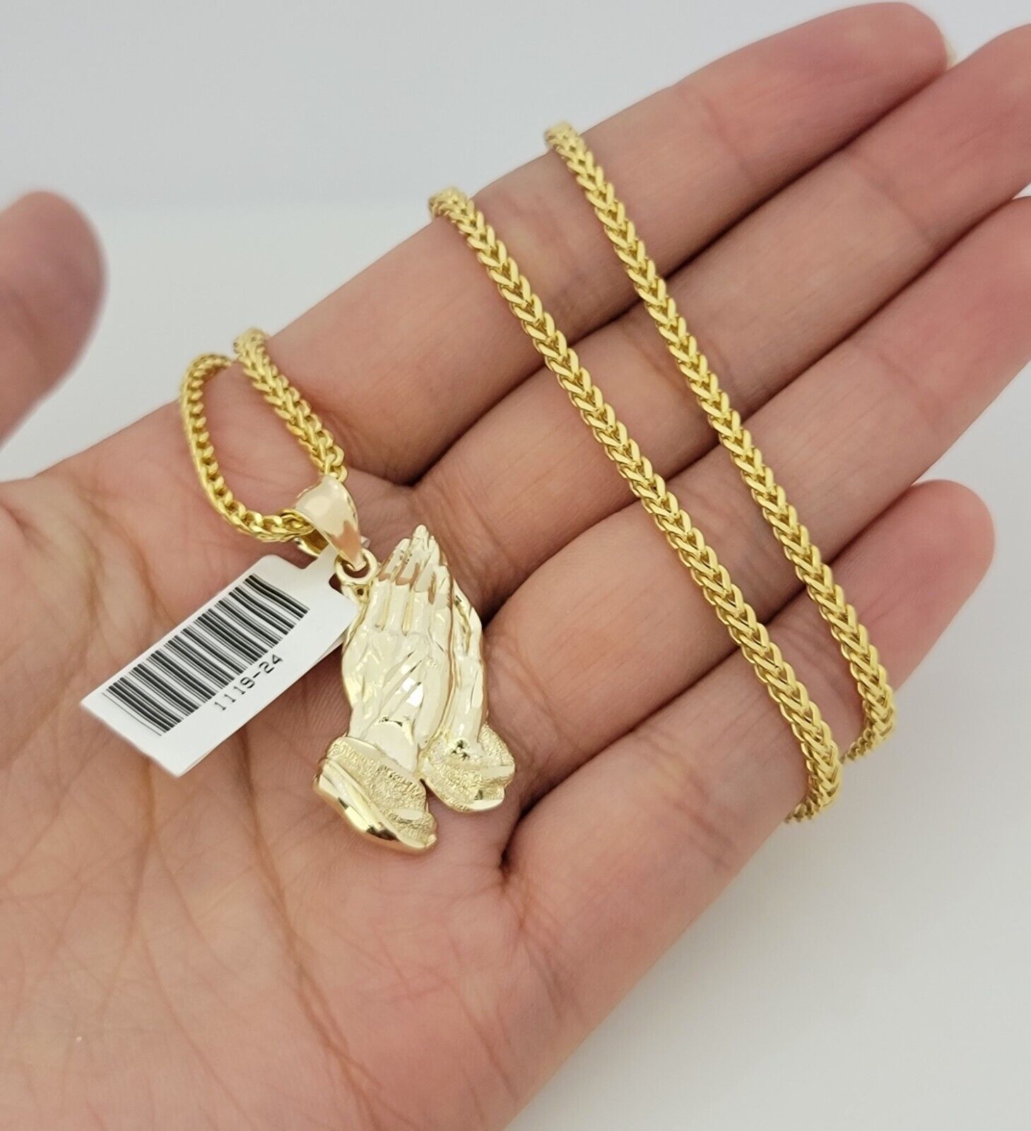 Real 10k Gold Franco Chain Praying Hand Charm pendant Set 2.5mm Necklace 24 Inch
